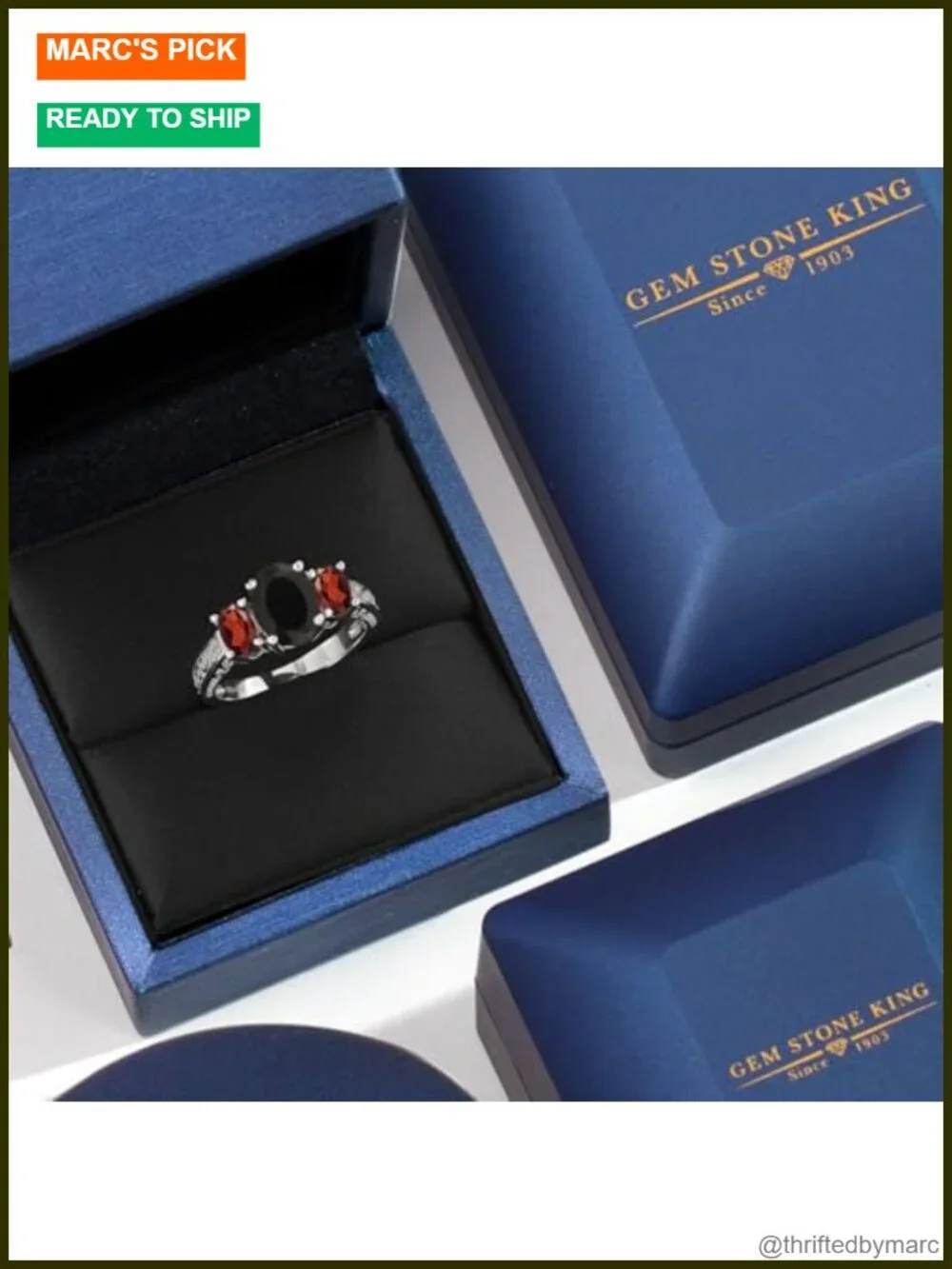 Sterling Silver 2.73 Cttw Onyx & Garnet 3 Stone Ring